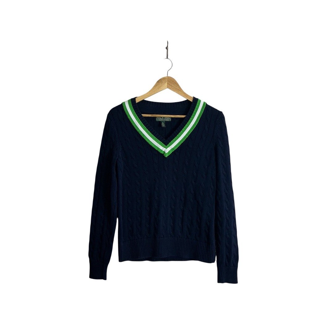 Lauren RL XL Navy Green White V-neck Cable Knit Sweater Classic Tennis Prep